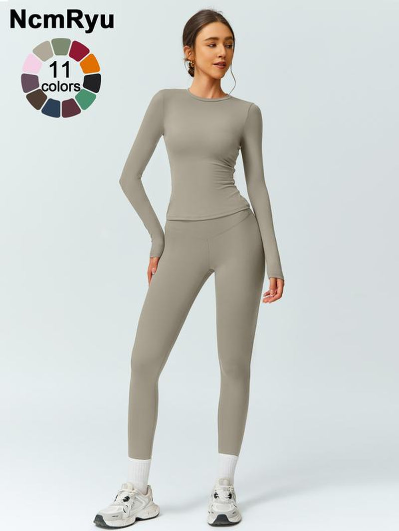 Two-Piece Set Women'S Patchwork High Elastic Soft round Neck Flat Shoulder Long Sleeve Slim Fit Beautiful Hip Tight Pants Yoga Clothes Suit Four Seasons Outdoor Running Cycling Hiking Walking Shopping Fashion Suit Gym Sports Training All-Match Long-Sleeve