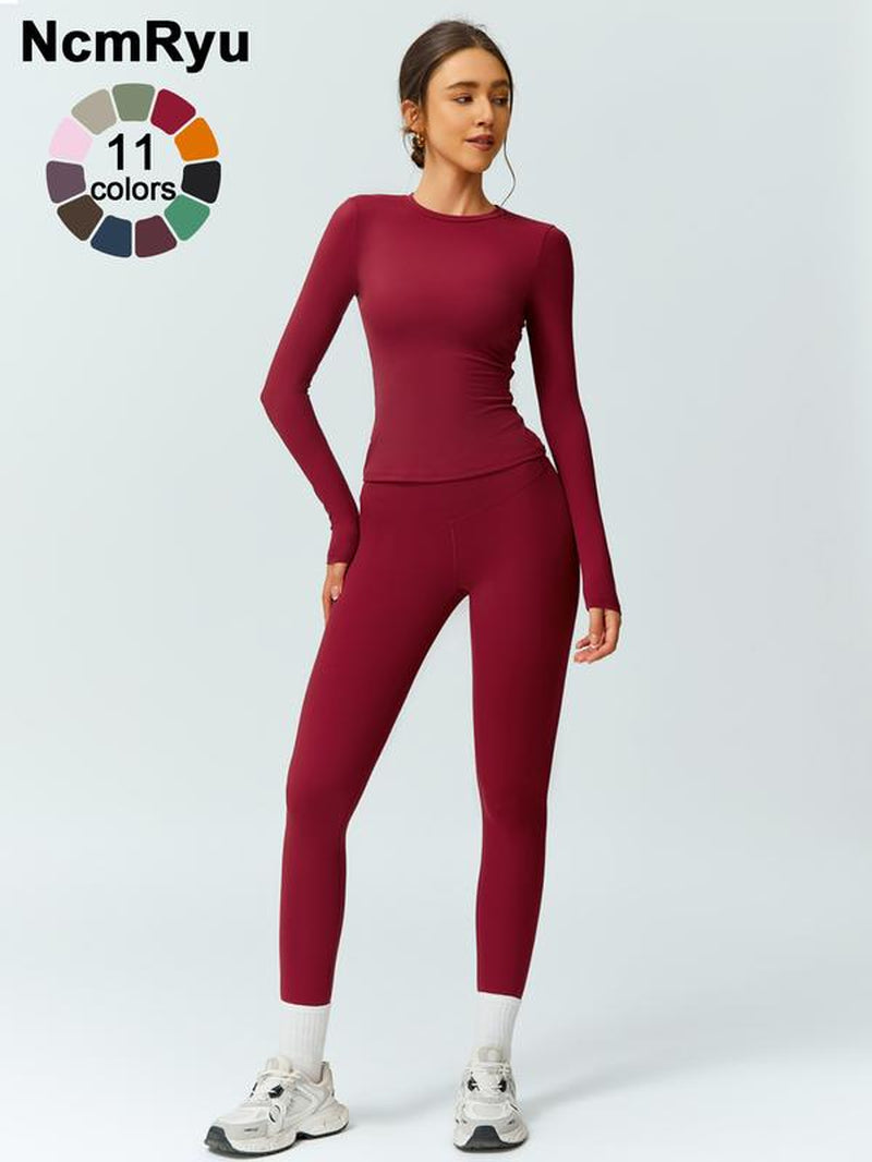 Two-Piece Set Women'S Patchwork High Elastic Soft round Neck Flat Shoulder Long Sleeve Slim Fit Beautiful Hip Tight Pants Yoga Clothes Suit Four Seasons Outdoor Running Cycling Hiking Walking Shopping Fashion Suit Gym Sports Training All-Match Long-Sleeve
