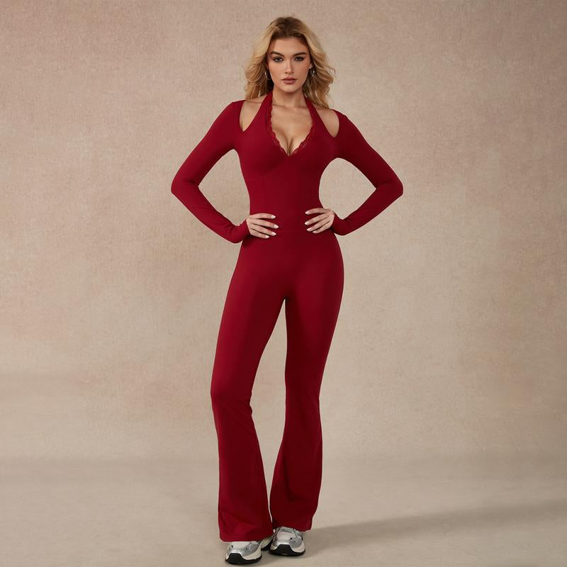 Timeoff Women'S Long-Sleeve Lace-Trim Halter Jumpsuit, Deep V-Neck & Flared Pant Hem, Solves Stylish Support & Flexible Fit Need for Yoga, Dance Workouts & Fashion-Forward Fitness Sessions,Jumpsuit Women