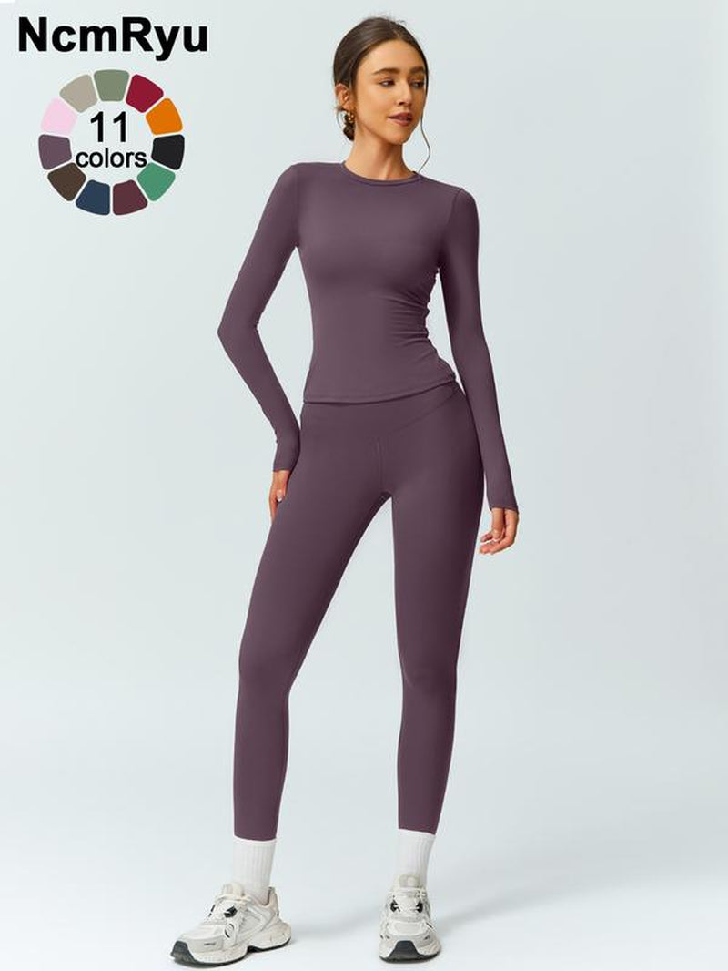 Two-Piece Set Women'S Patchwork High Elastic Soft round Neck Flat Shoulder Long Sleeve Slim Fit Beautiful Hip Tight Pants Yoga Clothes Suit Four Seasons Outdoor Running Cycling Hiking Walking Shopping Fashion Suit Gym Sports Training All-Match Long-Sleeve