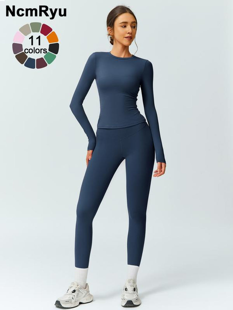 Two-Piece Set Women'S Patchwork High Elastic Soft round Neck Flat Shoulder Long Sleeve Slim Fit Beautiful Hip Tight Pants Yoga Clothes Suit Four Seasons Outdoor Running Cycling Hiking Walking Shopping Fashion Suit Gym Sports Training All-Match Long-Sleeve