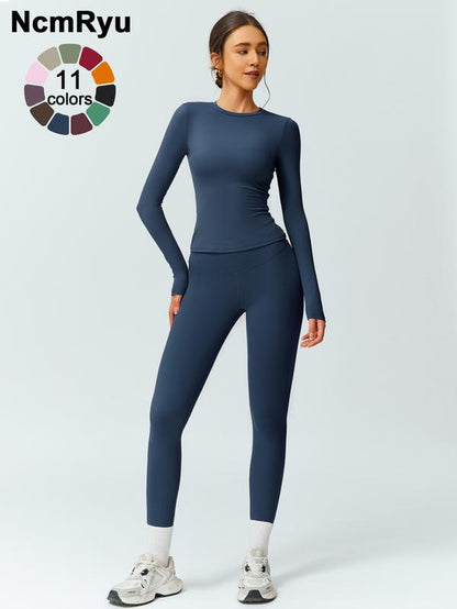 Two-Piece Set Women'S Patchwork High Elastic Soft round Neck Flat Shoulder Long Sleeve Slim Fit Beautiful Hip Tight Pants Yoga Clothes Suit Four Seasons Outdoor Running Cycling Hiking Walking Shopping Fashion Suit Gym Sports Training All-Match Long-Sleeve