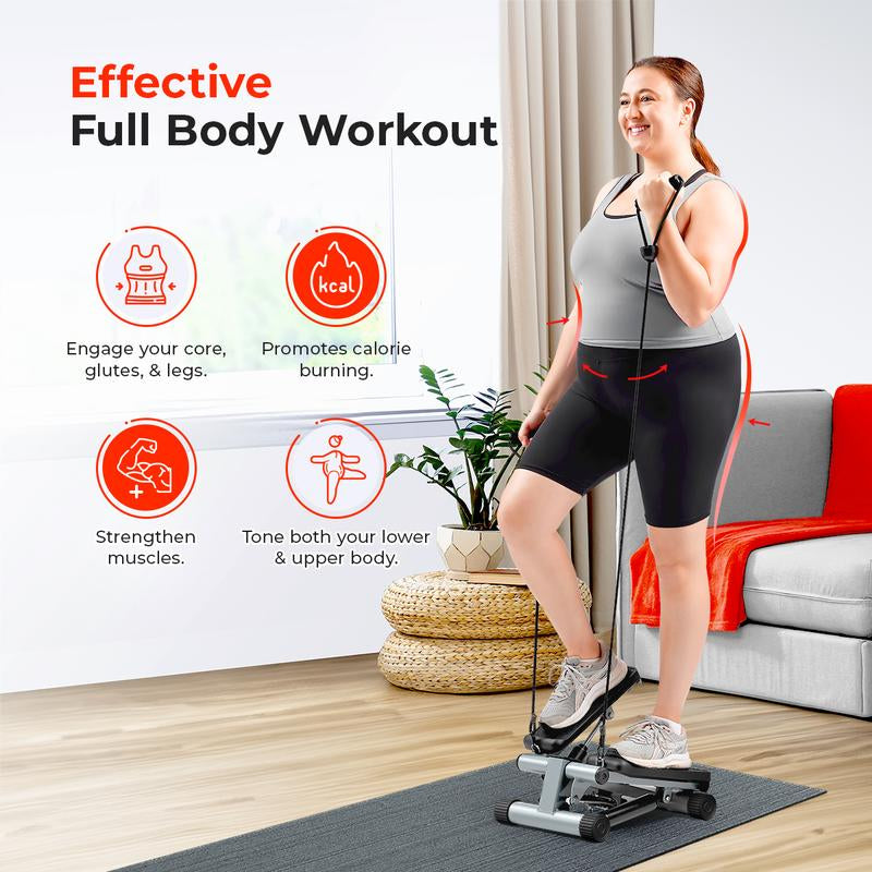 Sunny Health & Fitness Mini Stepper with Resistance Bands, Home Gym Workout Fitness, Compact Home Cardio Machine, Stair Stepper & Squat Trainer, Portable Quiet Elliptical Motion, Full-Body Rehab & Calorie Burn, 300 Lbs Capacity
