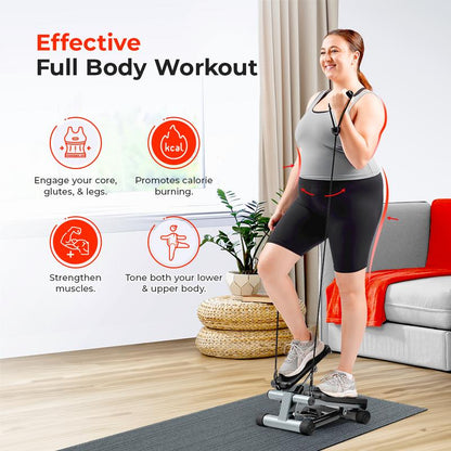 Sunny Health & Fitness Mini Stepper with Resistance Bands, Home Gym Workout Fitness, Compact Home Cardio Machine, Stair Stepper & Squat Trainer, Portable Quiet Elliptical Motion, Full-Body Rehab & Calorie Burn, 300 Lbs Capacity