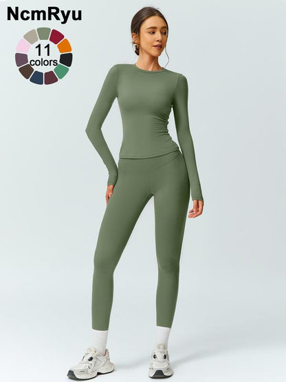 Two-Piece Set Women'S Patchwork High Elastic Soft round Neck Flat Shoulder Long Sleeve Slim Fit Beautiful Hip Tight Pants Yoga Clothes Suit Four Seasons Outdoor Running Cycling Hiking Walking Shopping Fashion Suit Gym Sports Training All-Match Long-Sleeve
