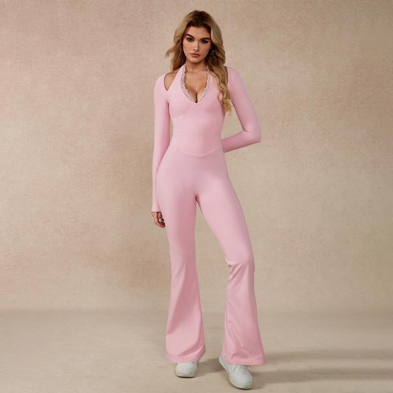 Timeoff Women'S Long-Sleeve Lace-Trim Halter Jumpsuit, Deep V-Neck & Flared Pant Hem, Solves Stylish Support & Flexible Fit Need for Yoga, Dance Workouts & Fashion-Forward Fitness Sessions,Jumpsuit Women