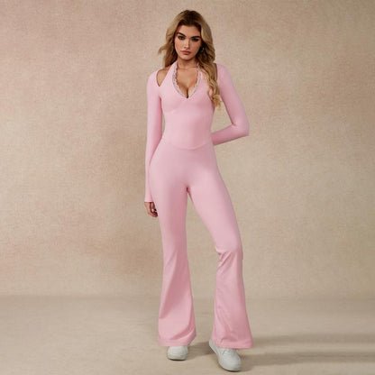 Timeoff Women'S Long-Sleeve Lace-Trim Halter Jumpsuit, Deep V-Neck & Flared Pant Hem, Solves Stylish Support & Flexible Fit Need for Yoga, Dance Workouts & Fashion-Forward Fitness Sessions,Jumpsuit Women