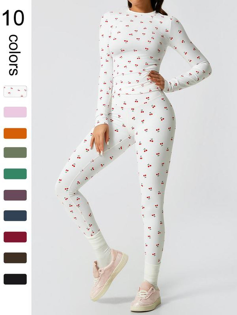 Two-Piece Set Women'S Patchwork High Elastic Soft round Neck Flat Shoulder Long Sleeve Slim Fit Beautiful Hip Tight Pants Yoga Clothes Suit Four Seasons Outdoor Running Cycling Hiking Walking Shopping Fashion Suit Gym Sports Training All-Match Long-Sleeve