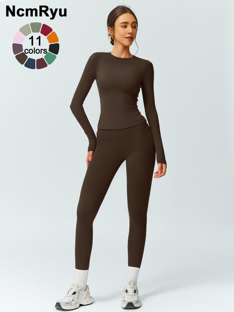 Two-Piece Set Women'S Patchwork High Elastic Soft round Neck Flat Shoulder Long Sleeve Slim Fit Beautiful Hip Tight Pants Yoga Clothes Suit Four Seasons Outdoor Running Cycling Hiking Walking Shopping Fashion Suit Gym Sports Training All-Match Long-Sleeve