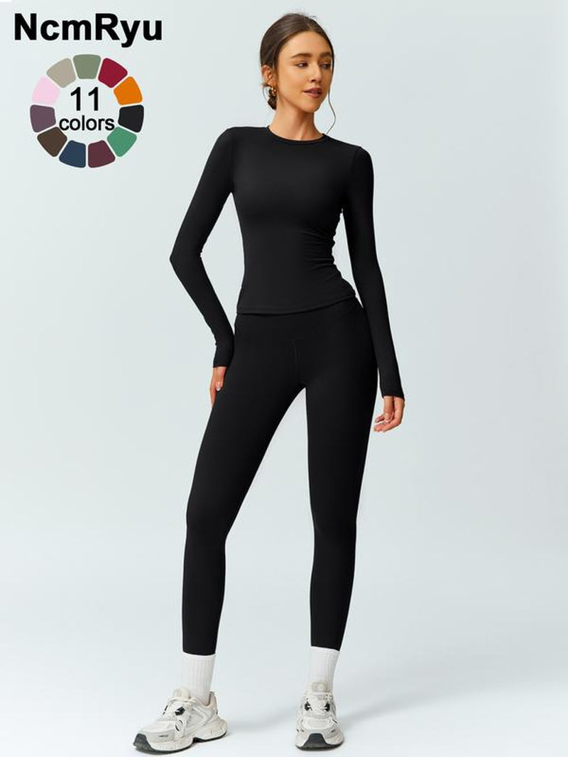 Two-Piece Set Women'S Patchwork High Elastic Soft round Neck Flat Shoulder Long Sleeve Slim Fit Beautiful Hip Tight Pants Yoga Clothes Suit Four Seasons Outdoor Running Cycling Hiking Walking Shopping Fashion Suit Gym Sports Training All-Match Long-Sleeve