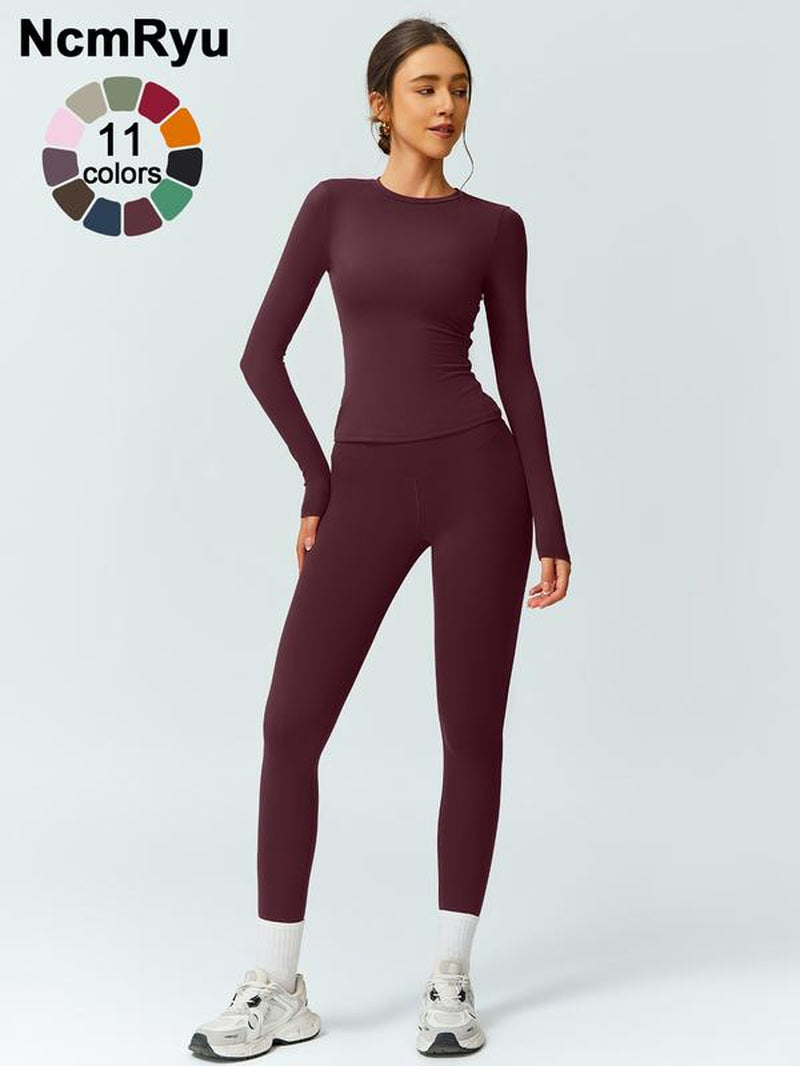 Two-Piece Set Women'S Patchwork High Elastic Soft round Neck Flat Shoulder Long Sleeve Slim Fit Beautiful Hip Tight Pants Yoga Clothes Suit Four Seasons Outdoor Running Cycling Hiking Walking Shopping Fashion Suit Gym Sports Training All-Match Long-Sleeve