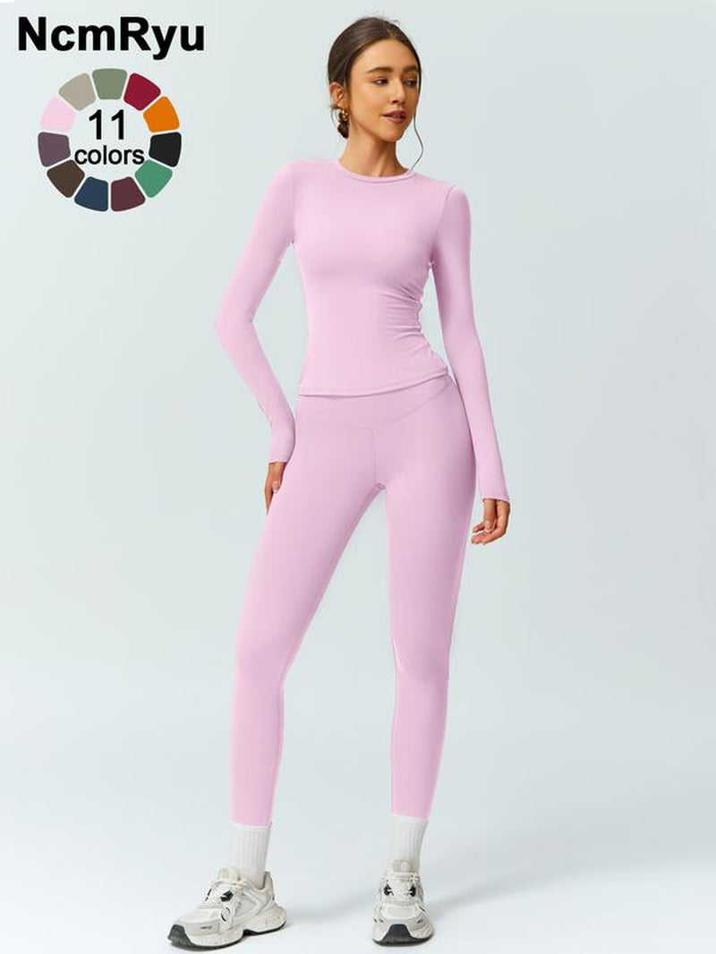 Two-Piece Set Women'S Patchwork High Elastic Soft round Neck Flat Shoulder Long Sleeve Slim Fit Beautiful Hip Tight Pants Yoga Clothes Suit Four Seasons Outdoor Running Cycling Hiking Walking Shopping Fashion Suit Gym Sports Training All-Match Long-Sleeve