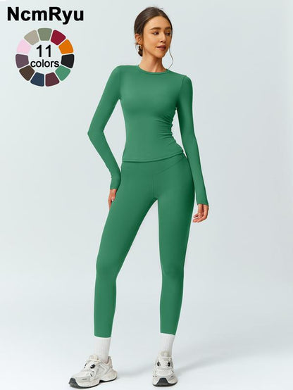 Two-Piece Set Women'S Patchwork High Elastic Soft round Neck Flat Shoulder Long Sleeve Slim Fit Beautiful Hip Tight Pants Yoga Clothes Suit Four Seasons Outdoor Running Cycling Hiking Walking Shopping Fashion Suit Gym Sports Training All-Match Long-Sleeve