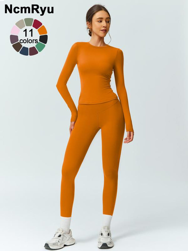 Two-Piece Set Women'S Patchwork High Elastic Soft round Neck Flat Shoulder Long Sleeve Slim Fit Beautiful Hip Tight Pants Yoga Clothes Suit Four Seasons Outdoor Running Cycling Hiking Walking Shopping Fashion Suit Gym Sports Training All-Match Long-Sleeve